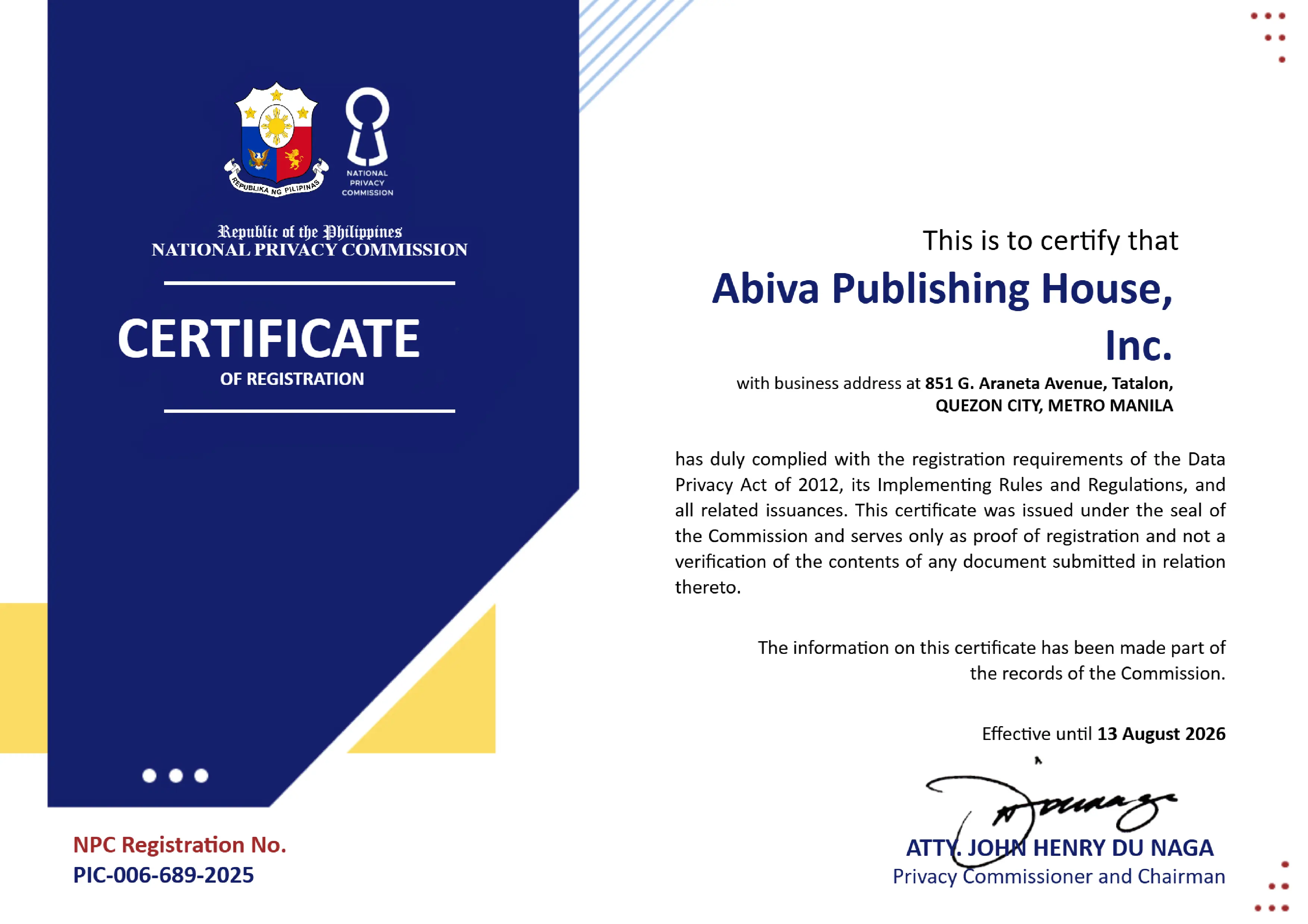 APHI Certificat eof Registration